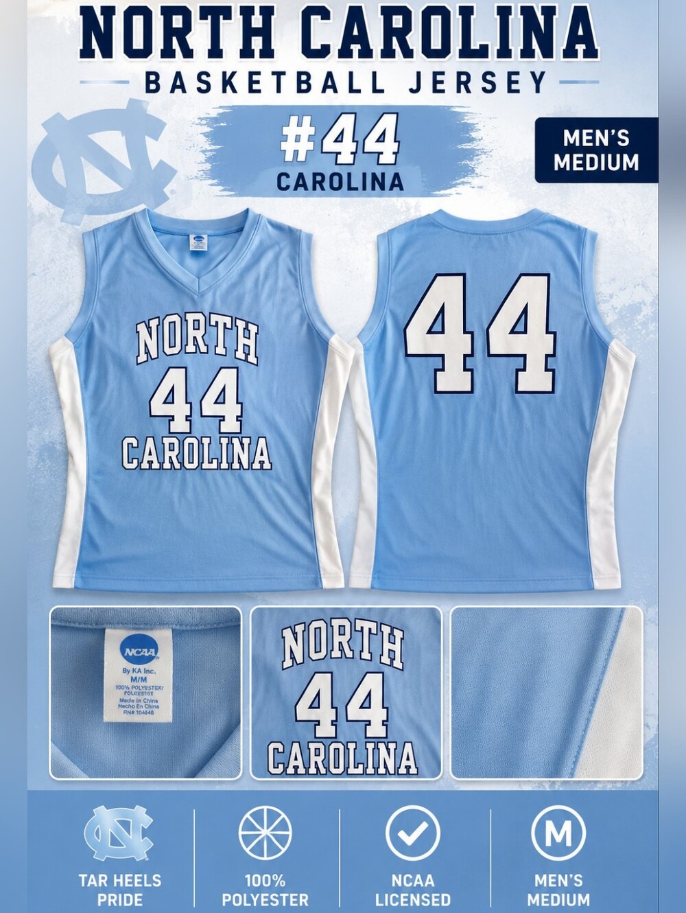 NCAA North Carolina Tar Heels Light Blue and White Basketball Jersey #44